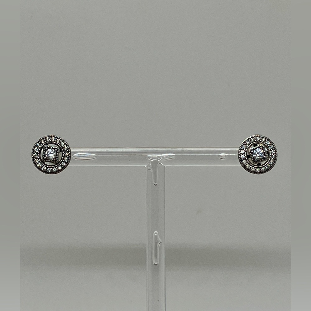 Pandora 925 Sterling Silver Milgrain 2 Way 2way Halo Stud Earrings